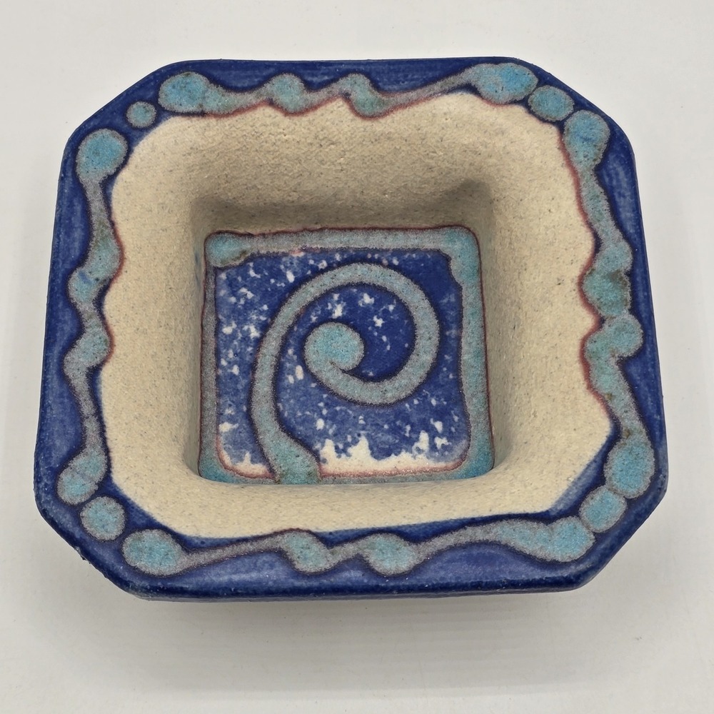 Vintage Hand Made‎ Ceramic Pottery Trinket Dish Bowl Decorative Stamped Square